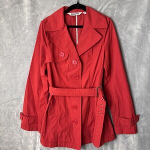 Joujou Red Belted Trench Coat Women's SZ Sma1l‎ Button Up Pockets Vented Casual